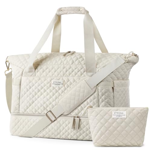 ETRONIK Travel Bag, Weekender Bags for Women, Personal Item Travel Bag with Wet Pocket, Duffel Bag for Travel with Shoes Compartment, 37L Hospital Bag for Labor and Delivery (Beige)
