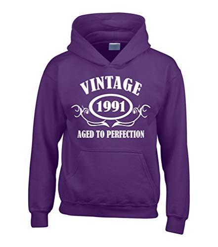 Sweat à capuche Vintage 1991 adulte violet de taille XS pour les 30 ans