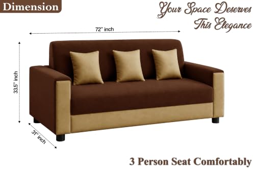 Image of 3 Seater Wooden Sofa | Velvet Fabric Couch with Cushions | Comfortable Living Room Sofa | Sturdy Wooden Frame | Home & Office Furniture | Brown & Beige