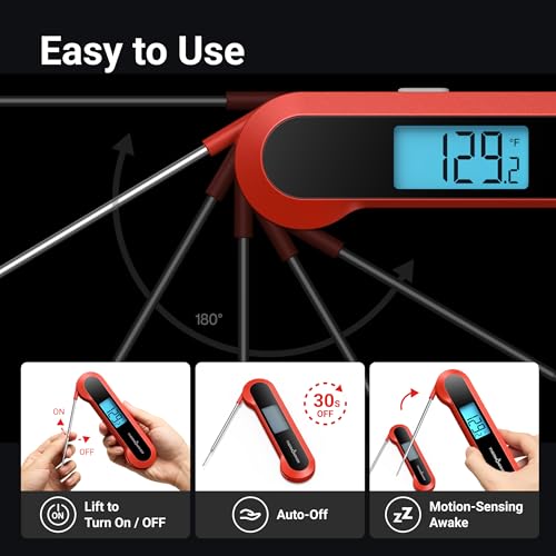Professional 0.5 Sec Instant Read Meat Thermometer Digital, NIST Certified ±0.5℉ Accuracy, Auto Rotate Large LCD Display, 100% Waterproof Cooking Thermometer for Baking Grill BBQ Smoker Oven, Red #3