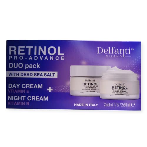 Delfanti-Milano RETINOL PRO-ADVANCE Anti-Aging DUO pack Day + Night Creams Face and Neck Moisturizers with Dead Sea Minerals and Vitamins E and B Made in Italy