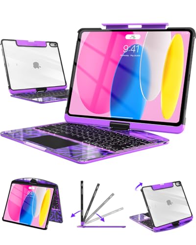 Image of Transparent Keyboard Case with Trackpad for iPad 11th Gen A16 (2025) & 10th Gen 10.9 inch (2022), 7-Color Backlit Wireless Bluetooth Keyboard with 360 Rotating Stand & Pencil Holder, Purple