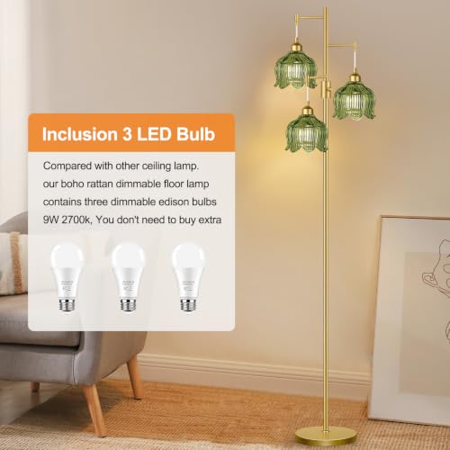 Image of Vintage Floor Lamps for Living Room 3 Light Glass Floor Lamp with 3 Color Temperatures, Dimmable Green Floor Lamp Gold Mid Century Modern Standing Lamp Tall Tree Flower Floor Lamp for Bedroom Corner