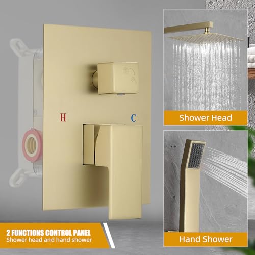 Grifo de ducha moderno con sistema de ducha lluvia de 10 pulgadas y combinación de ducha de mano, accesorios de ducha de 2 funciones con kit de revestimiento, dorado cepillado miniatura 6