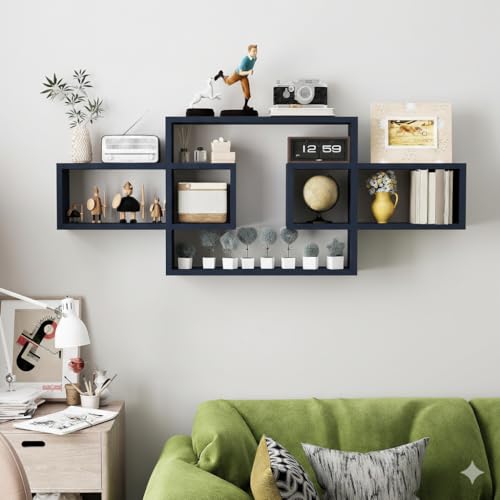 Image of Wooden Wall Shelves for Living Room, Bedroom Wall Mounted Rectangle Bookcase, Intersecting Wall Shelves for Storage Modern Decorative Display Shelves for Wall Decor (Navy)