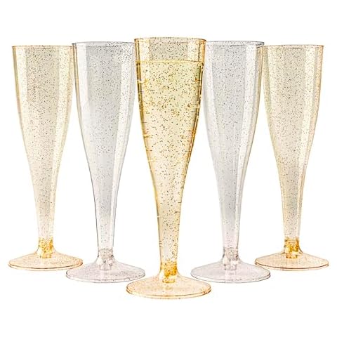 MATANA 120 Premium Plastic Champagne Flutes, 133ml - 60 Gold & 60 Silver Glitter Toasting Glasses for Cocktails, Dessert - Reusable Plastic Prosecco Mimosa Glasses for Weddings, Birthdays & Parties Cover