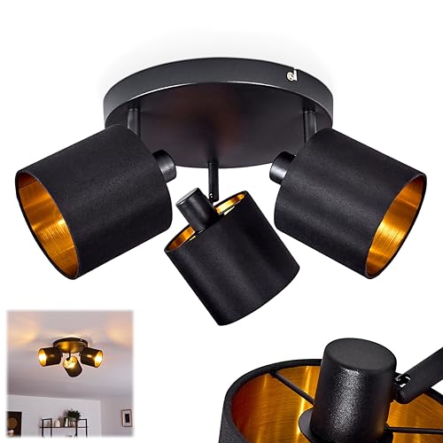 Deckenleuchte Alsen, runde Deckenlampe aus Metall/Stoff in Schwarz/Gold,...