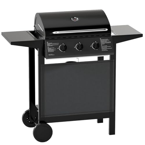GOPLUS Barbacoa de Gas para Exterior, Estación de Barbacoa con 3 Quemadores, 3 Parrillas, 2 Mesitas Laterales, Estante Inferior, Termómetro, Equipo de BBQ Portátil con Ruedas para Jardín Camping