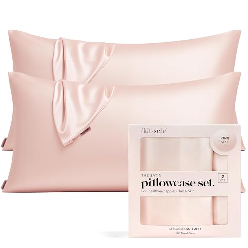 Image of Kitsch Satin Pillowcase with Zipper for Hair & Skin - Softer Than Silk Pillow Cases, Smooth Cooling Satin Pillow Case, Wrinkle-Free, Machine Washable, King Size Satin Pillow Case 19x36 - Blush, 2pcs