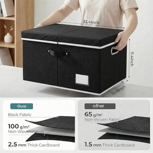 Image of PRANDOM Storage Boxes with Lids [3-Pack] Fabric Collapsible Storage Bins Organizer Containers Baskets Cube with Cover for Home Bedroom Closet Office Nursery Black（23.4X15.9X11.5