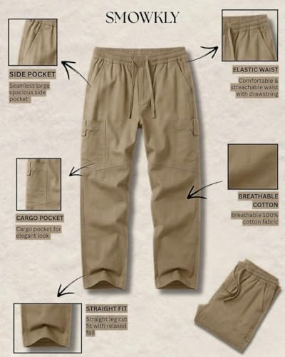 Image of Cargo for Men | Cotton Cargo Pant | Lower for man | Elastic Drawstring Waist Straight Fit Bottoms | Comfortable Breathable Summer Cargos for Casual, Office Wear
