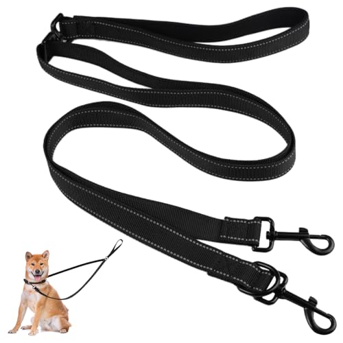 Guinzaglio Doppio per Cani, Guinzaglio per Cani Resistente a Doppio Controllo, Guinzaglio per cani di grandi dimensioni, con Impugnatura Morbida e Imbottita e Fili Riflettenti (Nero)