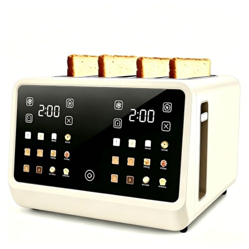 Smart Toaster 4 Slice Wide Slot with Dual Digital TouchScreen & Independent Control for Family,1800W Stainless Steel for 6 Bread Types & Toast Settings, Defrost Reheat & Single-Slice Modes