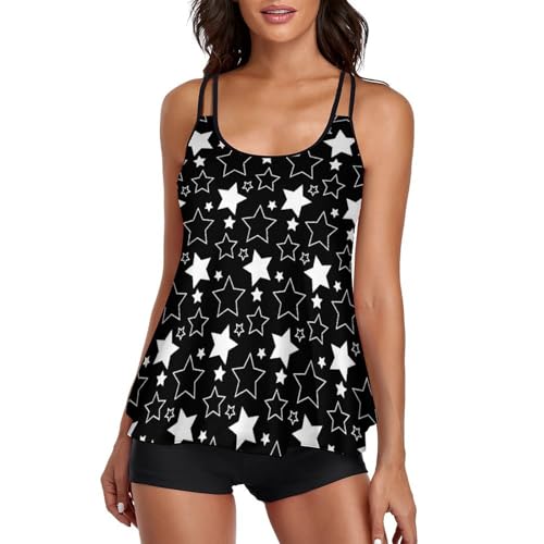 Maillot de bain tankini étoiles blanches noires ensemble 3 pièces shorty et robe