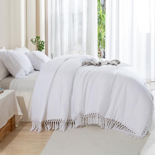 Image of Andency White Full Size Comforter Set, 3 Pieces Boho Tassel Lightweight Soft Bedding Comforter Sets, All Season Fluffy Fringe Bed Set (79x90In Comforter & 2 Pillowcases)