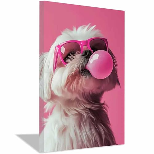 Impression sur toile chien blanc lunettes roses affiche animalière 70x100cm sans cadre