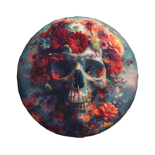 Image of Colourful Human Skull with Flowers Spare Tire Cover, Universal Wheel Tire Cover Funny Skull Skeleton Tire Protectors for Trailer RV SUV Truck Camper 14 Inch