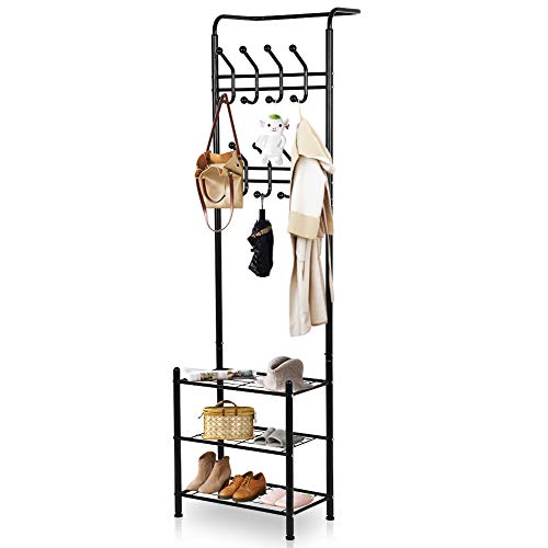 Yosoo Health Gear Metal Coat Stand, Coat Rack Bench Entryway with Coat Hooks, Hall Tree Entryway Storage Shelf, Multifunctional Hallway Organizer with 14 Hooks and 3-Tier Shoe Rack