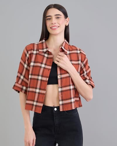 Image of Chimpaaanzee Women Checks Half Sleeve Crop Shirt