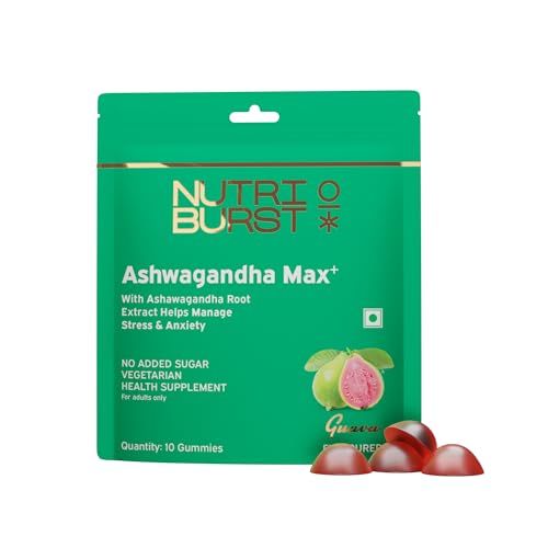 Image of Nutriburst Ashwagandha Max 500mg for Stress and Anxiety Relief | Vigour, Energy, Power & Stamina | Relax Refresh Mind & Body | Guava Flavor Gummies, No added sugar | 10 Gummies