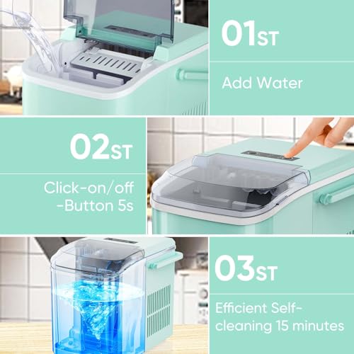 DUMOS Countertop Ice Maker with Handle, 26lbs/24H Portable Ice Machine, 9 Bullet Ice Cubes Ready in 6 Mins, Self-Cleaning, Quiet Compact Ice Maker for Home, Kitchen, RV, Camping, Green