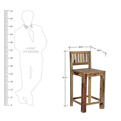 Image of OGESTA Solid Sheesham Wood Bar Chair for Kitchen Island & Breakfast Counter | High Back Wooden Bar Stool with Cushioned Seat | Rustic Walnut Finish | Home Bar & Dining Counter Chair (style 13)