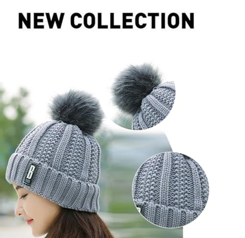Image of SYGA Winter Beanie Hat for Women Warm Thick Cotton Lining Knit Bobble Pom Pom Skull Cap Fleece Lined Warm Cap Outdoor Sports Hat for Ladies Women Girl Free Size