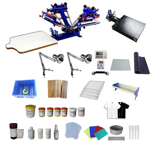 TECHTONGDA 4 Color 1 Station Screen Printing Press Kit Micro-Registration Function with Flash Dryer UV Exposure Unit Squeegee Mesh Frame Accessories