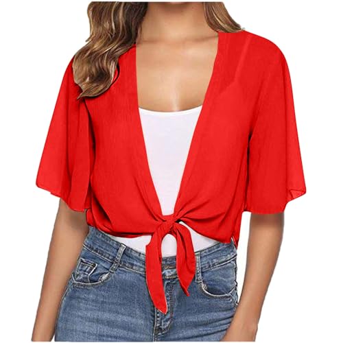 Women Summer Open Front Sheer 3/4 Sleeve Ruffle Cropped Chiffon Capes Bolero Shrug Cardigan Fall Flowy Clothes