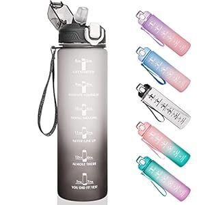 Justfwater 1l Sport Gourde avec Paille, 1 Litre Bouteille d’eau avec Marqueur de Temps Motivation