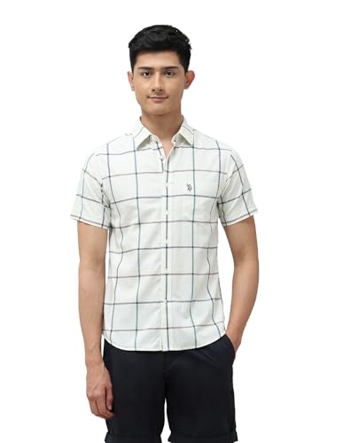Image of U.S.Polo Association Men's Windowpane Checked Tailored Fit Shirt (USSHT3039H Ivory 44)