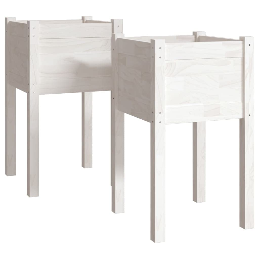 Vidaxl White 2X Solid Pinewood Garden Planters Outdoor Patio Terrace Backyard Wooden Raised Bed Flower Box Planter Stand Vegetable Herb Bed