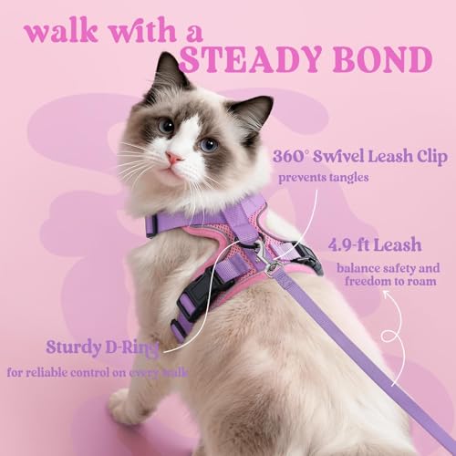 Image of rabbitgoo Cat Harness and Leash Set, Escape Proof Vest, Pink & Light Purple | Soft Breathable Mesh, Easy Adjustable Fit, Snap Buckles, Sturdy Clip, Reflective Strips, for Small & Average Cats Walks, Xs