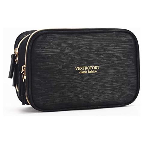 Makeup Bag for Purse, Travel Cosmetic Organizer Bags for Women with Brush Holders and Detachable Handle Waterproof (Black) Cover