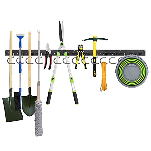 Housolution Gancho para Almacenar las Herramientas de Garaje, [3 Rieles / 12 Ganchos] Colgar Montado en la Pared Ajustable Anticorrosivo con Tornillo y Conector para Taller, Almacén, Jardín, Sótano Cover