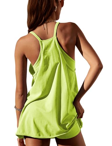Image of Womens Athletic Sundress with Built-in Shorts Golf Tennis Romper | Sleeveless Mini Spaghetti Strap dress Functional side pockets tummy-friendly fit casual beach vacation