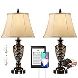 Set of 2 Touch Farmhouse Table Lamps for Bedrooms, Vintage Bedside Lamp with 2 USB Ports,3 Way...