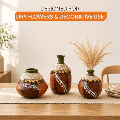 Image of Aakriti Art Creations Coco-F Jute Embellished Earthen Vases in Warli Art Set of 3 | Handcrafted Terracotta Flower Vases in Brown | Matte Finish Decorative Vases for Living Room, Table & Floor Decor