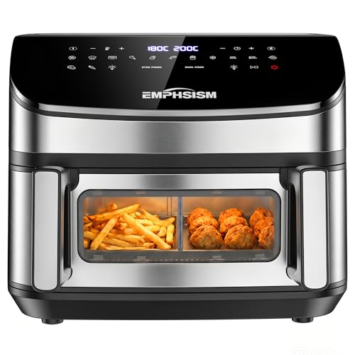 Freidora de Aire 12L Doble Resistencia – 2600W Doble Cesta Grande Airfryer con Arriba y Abajo, Air Fryer 13 en 1 con Ventana Independiente y Luz,Flexible Ajuste 1 o 2 Zonas para 4–7 Personas, Familiar