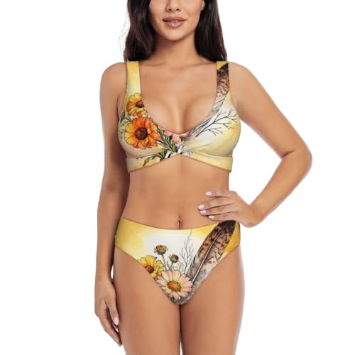 Bikini push-up à coussinets amovibles ensemble maillot de bain croisé réglable imprimé plumes