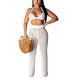 Womens Hollow Out Knitted 2 Piece Outfits Swim Suit Halter Bandeau Top Long Pants Bikini Cover up Swimsuits for Women 2021 (White, M)