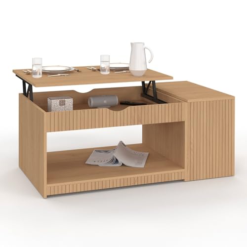 IDMarket - Table Basse Plateau relevable rectangulaire Juliette avec Coffre Lattes tasseau Bois Coloris chêne