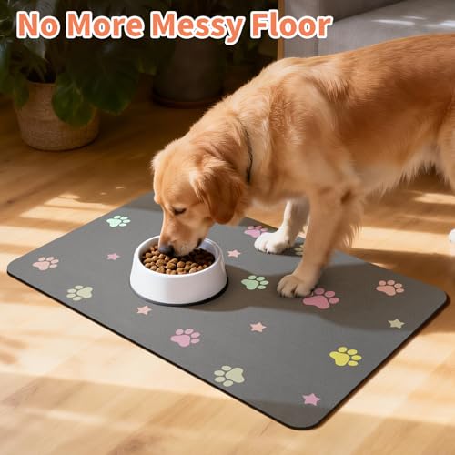 Dog Food Mat Water Absorbent Cat Dog Mat for Food and Water Bowl, Non Slip Pet Feeding Mat No Stains Dog Feeding mat, Quick Dry (Dark Grey-Star Paws, 30 x 50 cm) - Image 5