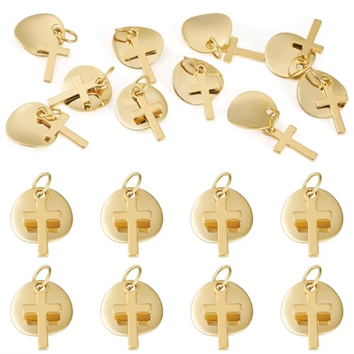 Image of 10Pcs 18K Gold Plated Cross Charms Golden Brass Flat Round with Crosses Pendants Permant Jewelry Charms with Jump Ring for DIY Bracelets Necklaces Earring Jewelry Making
