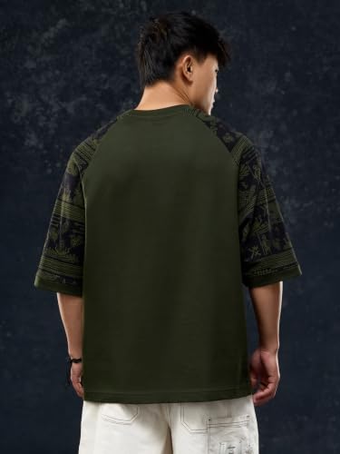 Image of The Souled Store Vikings: Longship Men and Boys Short Sleeve Rpund Neck Brown Embroidered Cotton Oversized Lightweight Breathable Drop Shoulder Streetwear T-Shirts