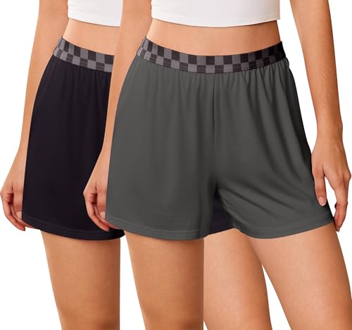 Image of Ekouaer Womens 2 Pack Pajama Shorts 2026 Comfy Elastic Waist Sleep Shorts Bamboo Viscose Soft Pj Bottoms with Pockets