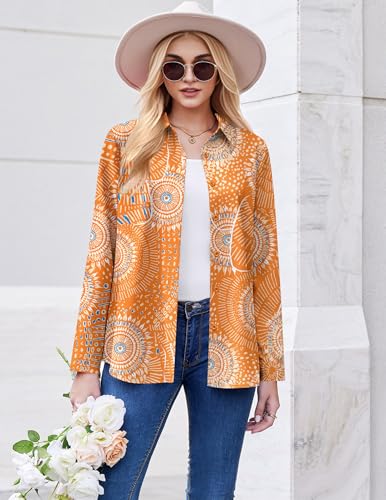 Zeagoo Women Button Down Shirts Long Sleeve Blouses for Women Dressy Boho Print Dressy Casual Tops Orange Printed S3