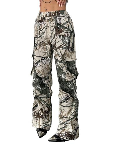 Kedera Women Camo Cargo Pants High Waist Baggy Wide Leg Camouflage Army Fatigue Joggers Trousers