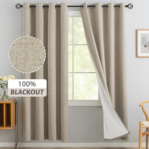 Yakamok Cortinas de lino natural 100 % opacas, de 72 pulgadas de largo, cortinas texturizadas para oscurecer la habitación, cortinas térmicas con ojales para dormitorio con forro blanco grisáceo (2