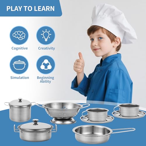 17 Stück Kinderküche Zubehör, Edelstahl Küchen Zubehörfür Kinder,Holz Küchenspielzeug Spielküche Zubehör Set,für Jungen und Mädchen Kinder
